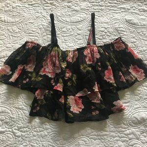 Black crop top with pink floral pattern